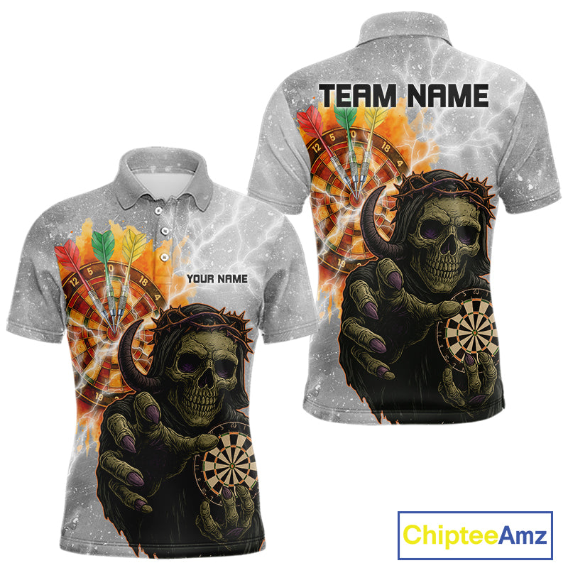 Men's Custom Darts Shirt With Death Reaper Fiery Dartboard & Lightning Effect NYN0295