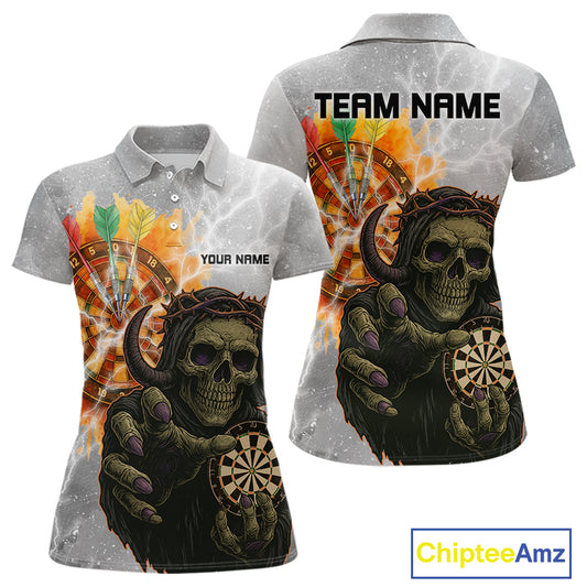 Women's Custom Darts Shirt With Death Reaper Fiery Dartboard & Lightning Effect NYN0295