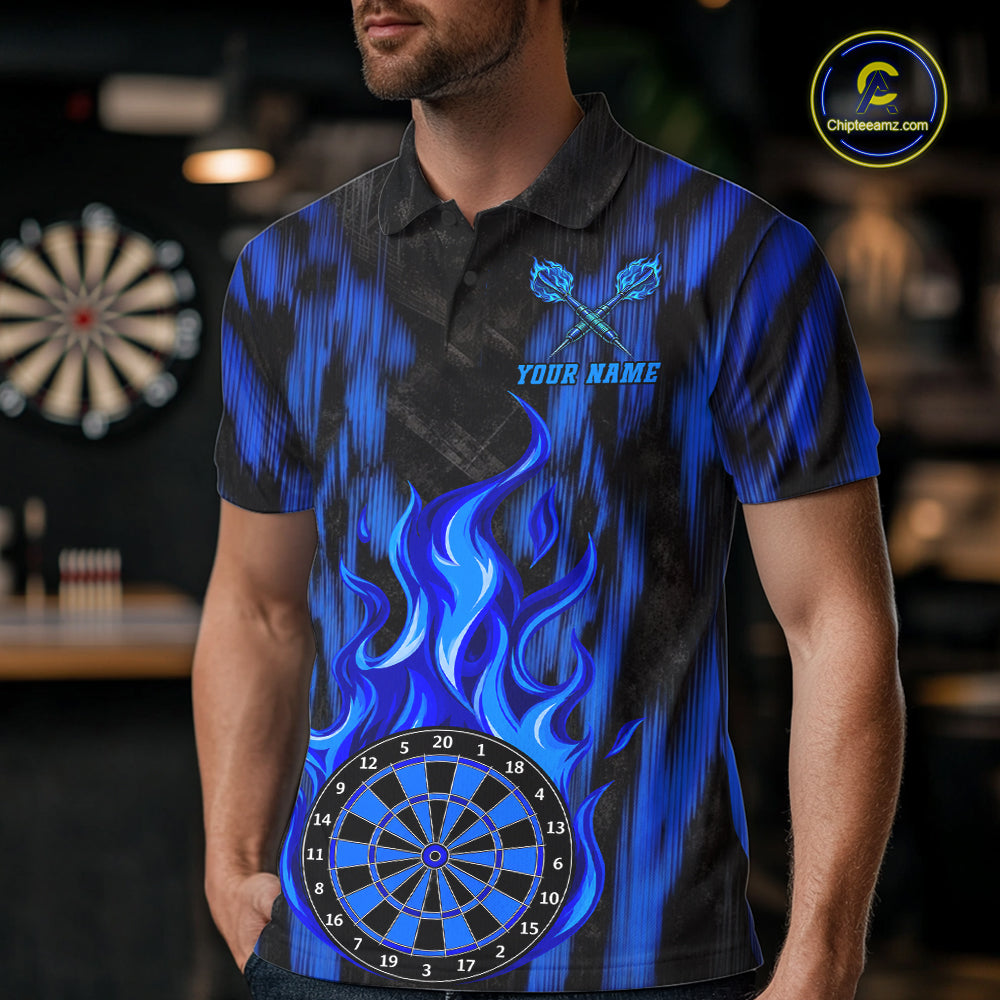 Grunge Black And Blue Flaming Dartboard Mens Darts Shirt Personalized Team Darts Jersey NYN3247