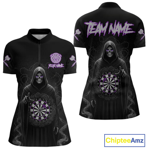 Custom Roses Dartboard Purple Grim Reaper Women Darts Quarter-Zip Shirt Darts Jersey NYN1972