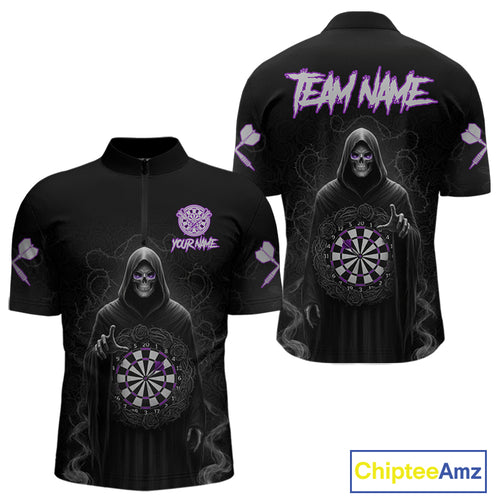 Custom Roses Dartboard Purple Grim Reaper Men Darts Quarter-Zip Shirt Darts Jersey NYN1972