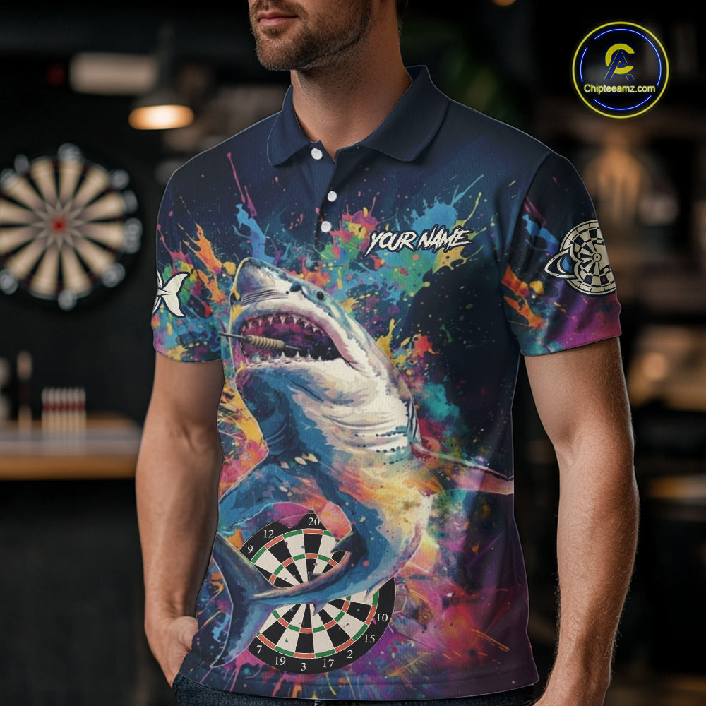 Personalized Multi-Color Splatter Funny Shark Men Darts Polo League Shirts Dart Jerseys NYN2217