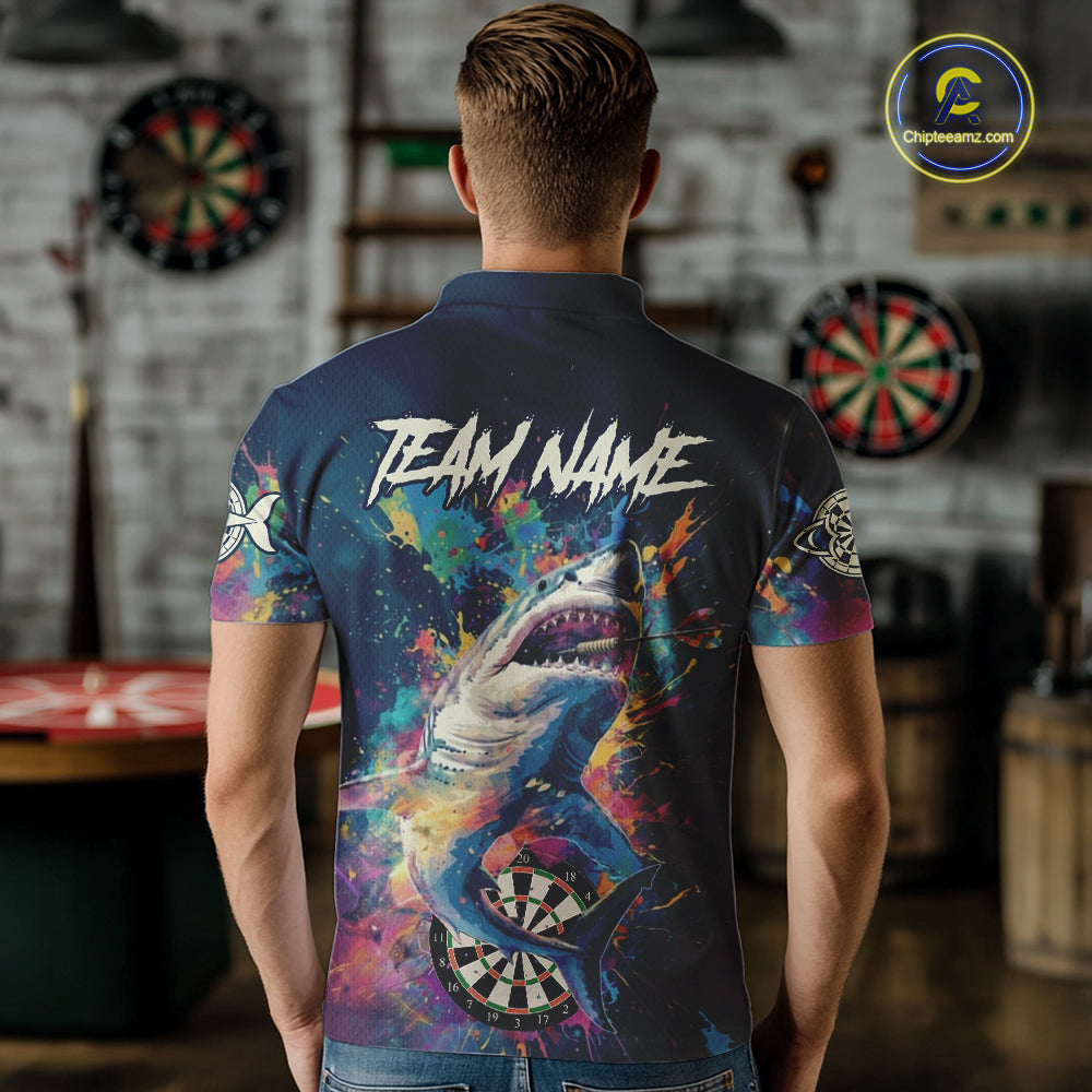 Personalized Multi-Color Splatter Funny Shark Men Darts Polo League Shirts Dart Jerseys NYN2217