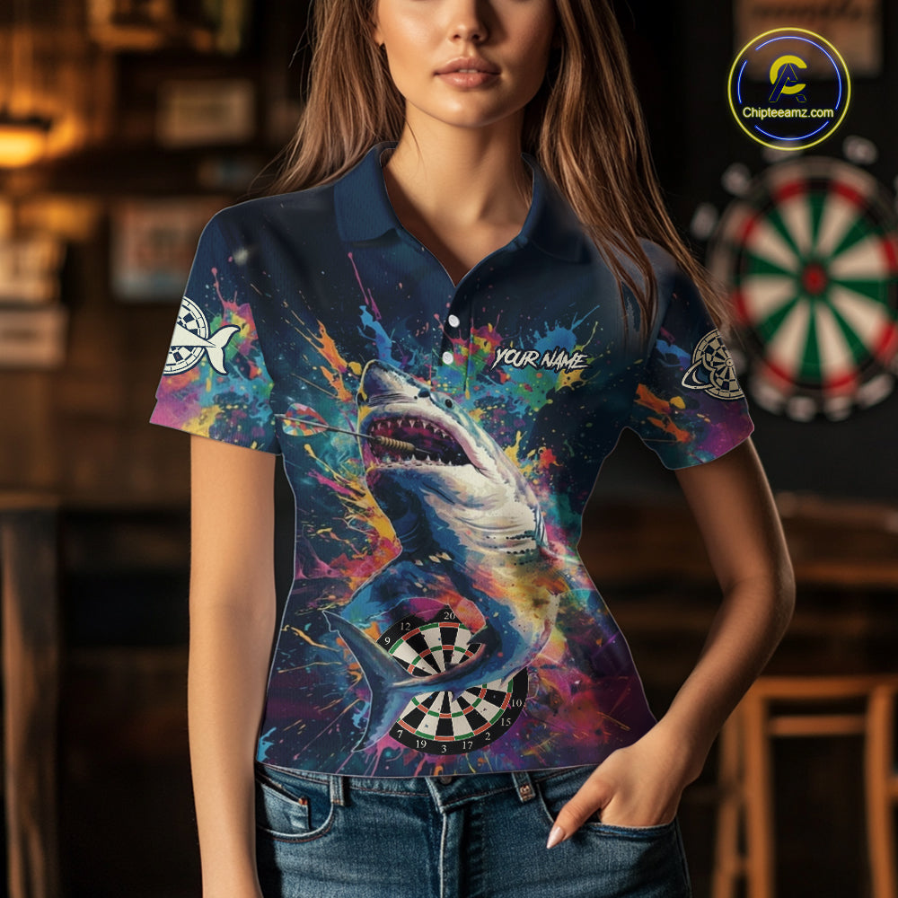 Personalized Multi-Color Splatter Funny Shark Women Darts Polo League Shirts Dart Jerseys NYN2217
