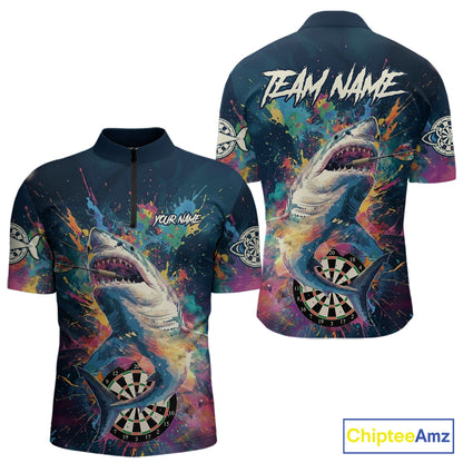 Personalized Multi-Color Splatter Funny Shark Men Darts Quarter-Zip League Shirts Dart Jerseys NYN2217