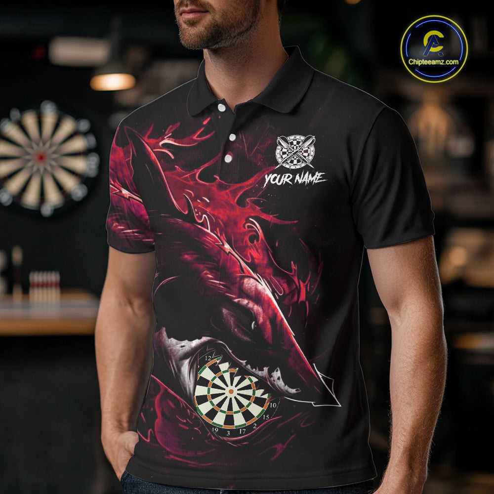 Personalized Red Horror Shark Men Darts Polo League Shirts Funny Grunge Dart Jerseys NYN2219