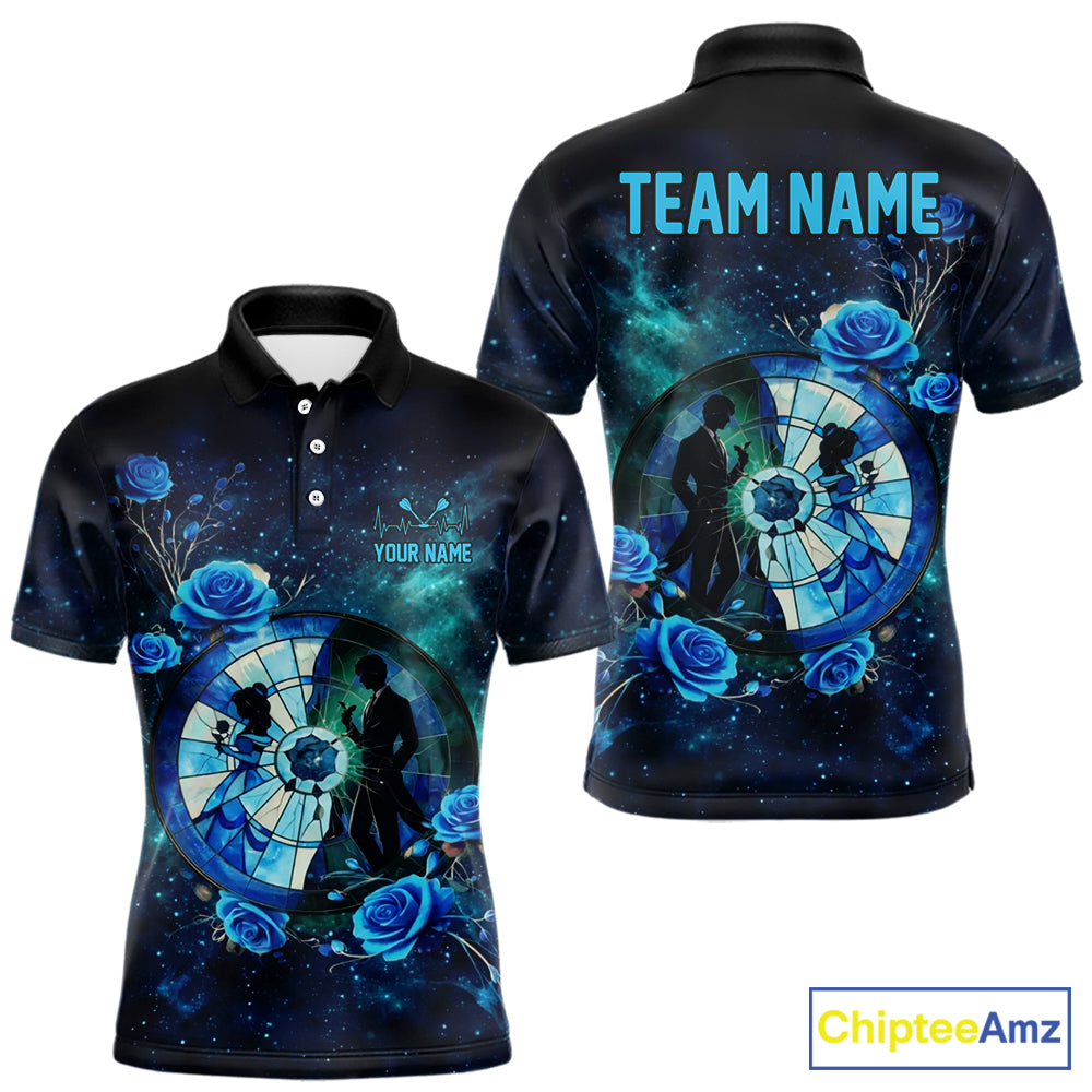 Blue Galaxy Roses Groom & Bride Dartboard Men Darts Polo Shirt Custom Valentine Dart Couple Gifts NYN2516
