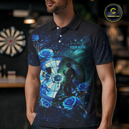 Blue Galaxy Roses Groom & Bride Dartboard Men Darts Polo Shirt Custom Valentine Dart Couple Gifts NYN2516
