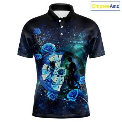 Blue Galaxy Roses Groom & Bride Dartboard Men Darts Polo Shirt Custom Valentine Dart Couple Gifts NYN2516