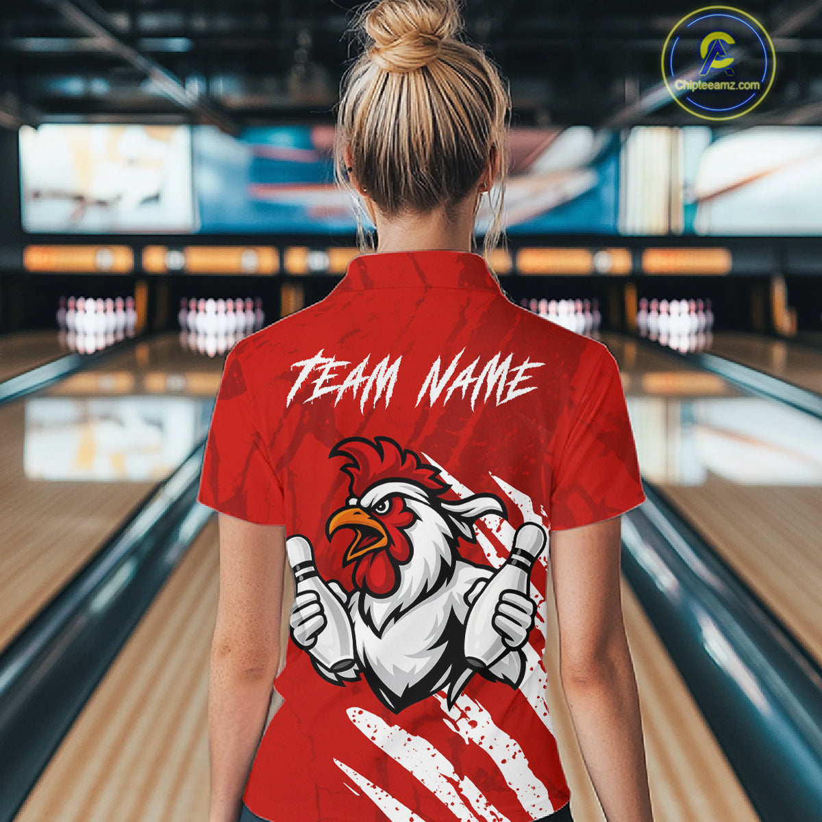 Custom White And Red Funny Rooster Bowling Polo & 1/4-Zip Team Shirts For Women Bowling Gifts NYN2721