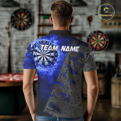 Custom Mens Dart Polo & Quarter Zip Shirt Pattern Dartboard Blue Flames Darts Team Jersey NYN2867