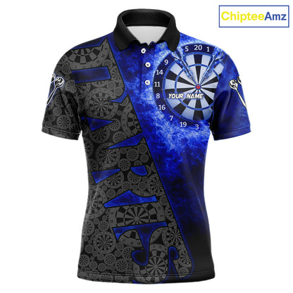 Custom Mens Dart Polo & Quarter Zip Shirt Pattern Dartboard Blue Flames Darts Team Jersey NYN2867