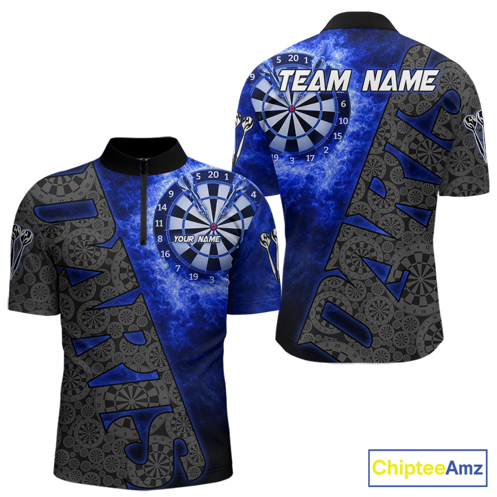 Custom Mens Dart Polo & Quarter Zip Shirt Pattern Dartboard Blue Flames Darts Team Jersey NYN2867