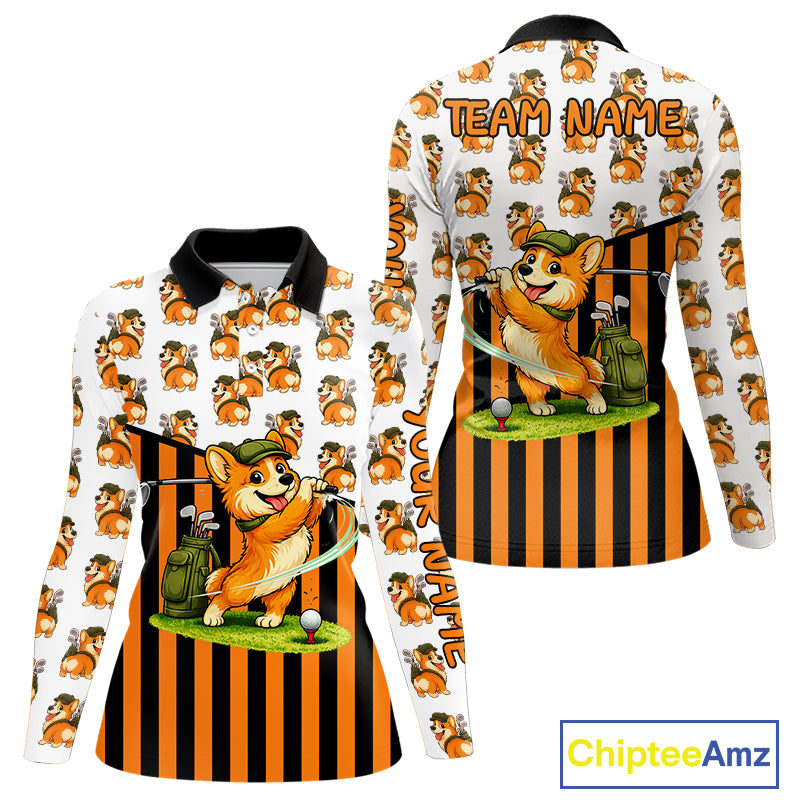 Funny Women Cute Dog Pattern Golf Polo Shirt Custom Orange Golfing Dog Golf Clothes Attire NYN2874