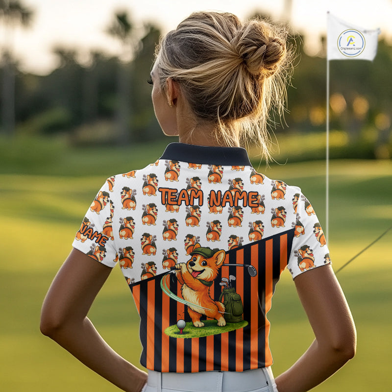 Funny Women Cute Dog Pattern Golf Polo Shirt Custom Orange Golfing Dog Golf Clothes Attire NYN2874