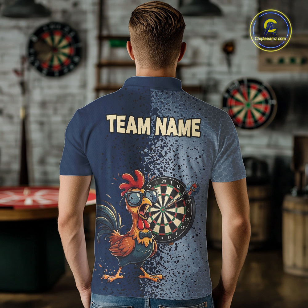 Blue Hexagon Splatter Funny Rooster Darts Polo & 1/4-Zip Shirt Custom Dart Jersey For Men NYN3082