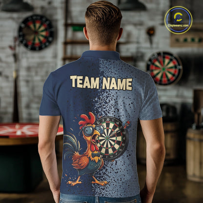 Blue Hexagon Splatter Funny Rooster Darts Polo & 1/4-Zip Shirt Custom Dart Jersey For Men NYN3082
