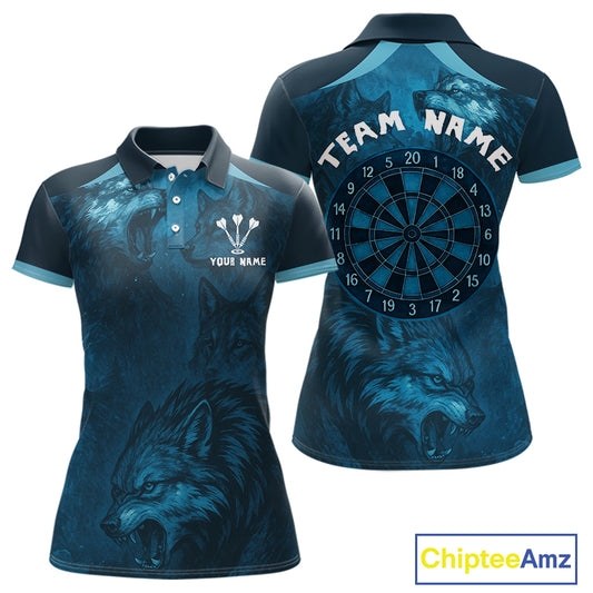 Women’s Team Darts Shirt With Dark Navy Wolves And Grunge Dartboard Pattern NYN0306
