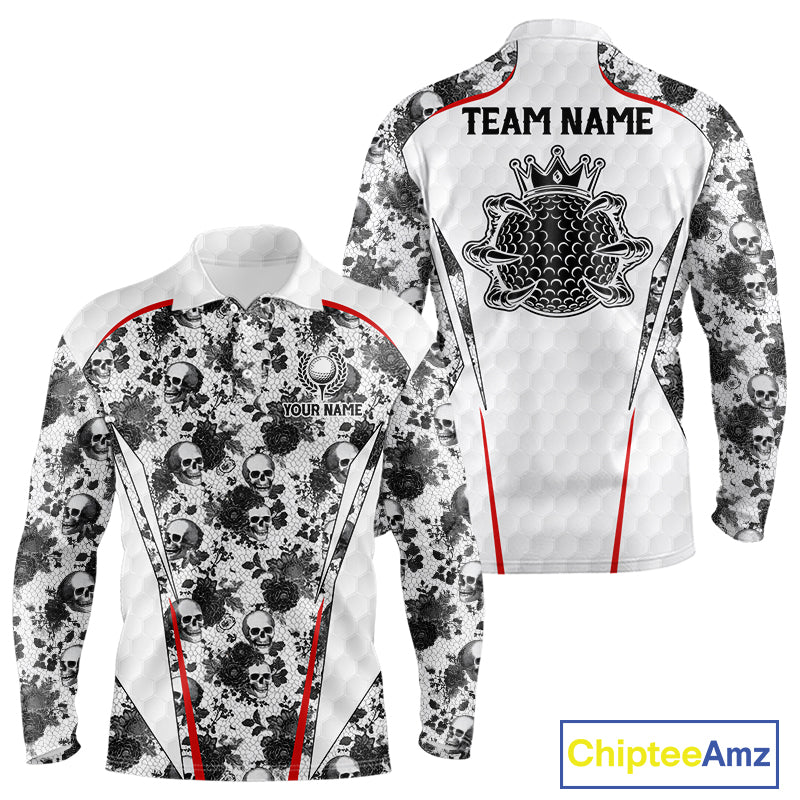 Black And White Skull Roses Golf Polo Shirts For Men Custom Golf Team Attire For Golfers NYN3256