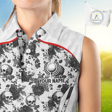 Load image into Gallery viewer, Black And White Skull Roses Golf Sleeveless Polo Shirts For Women Custom Golf Team Attire For Golfers NYN3256