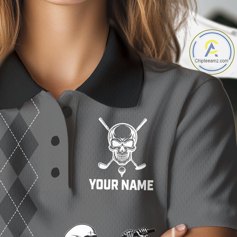Women's model wearing Grey Skeleton Golf Polo Shirt, oversized skull golf apparel, Halloween golf fashion, matching golf team outfit, personalized golf clothing.