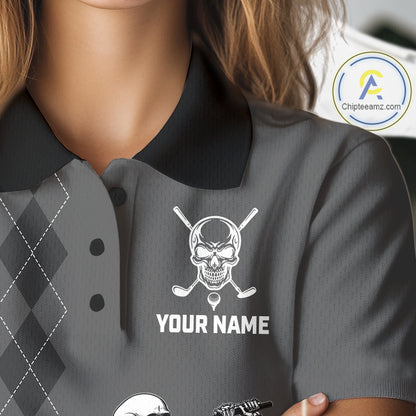 Women's model wearing Grey Skeleton Golf Polo Shirt, oversized skull golf apparel, Halloween golf fashion, matching golf team outfit, personalized golf clothing.