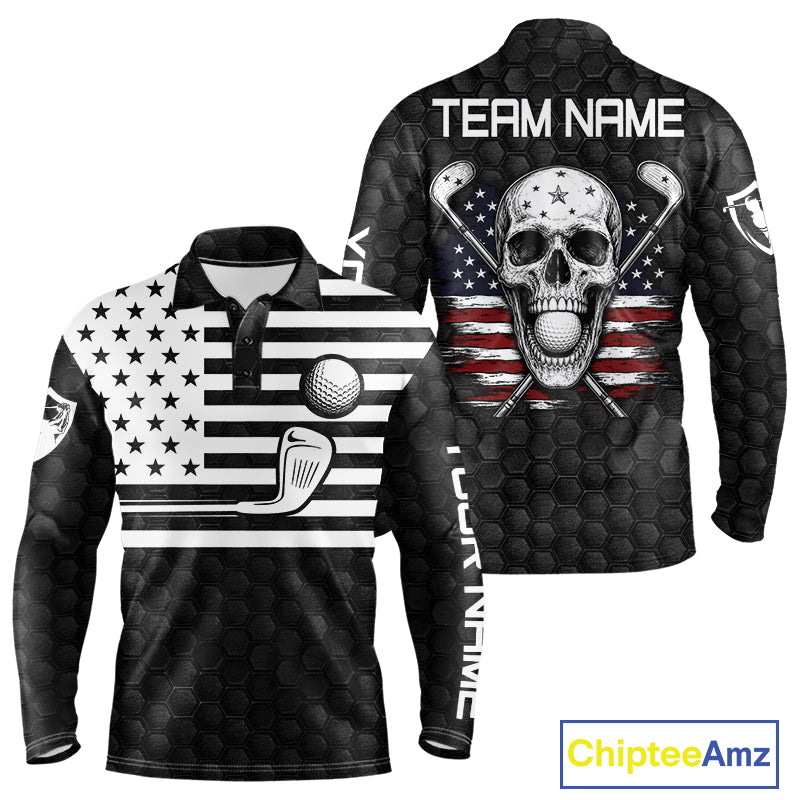 Black White Skull US Flag Men's Golf Polo Shirt mockup, personalized patriotic golf shirt, skull American flag golf apparel, custom golf jersey, performance polo, Memorial Day and Independence Day golf clothing.