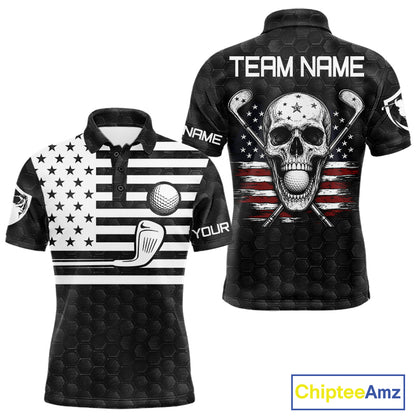 Black White Skull US Flag Men's Golf Polo Shirt mockup, personalized patriotic golf shirt, skull American flag golf apparel, custom golf jersey, performance polo, Memorial Day and Independence Day golf clothing.