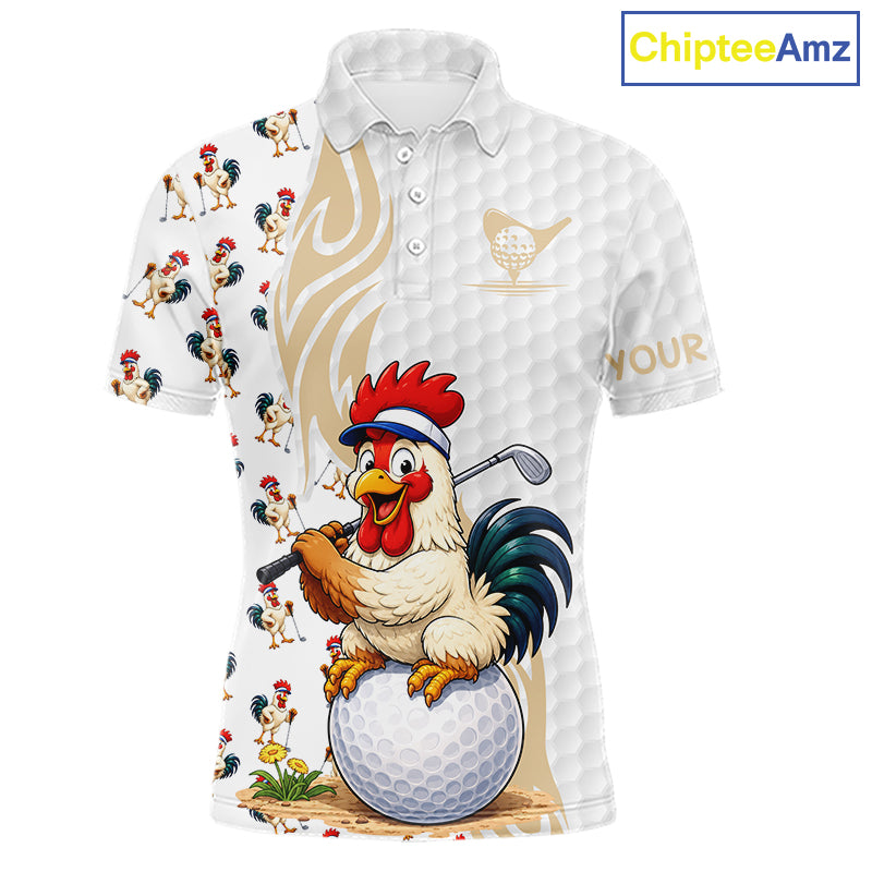 Funny Rooster Men's Golf Polo Shirt mockup, rooster golf apparel, personalized golf shirt, custom team golf jersey, country lifestyle golf clothing, humorous golf gift, performance golf polo.