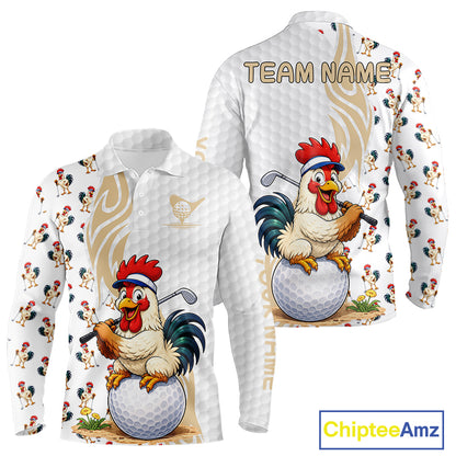 Funny Rooster Men's Golf Polo Shirt mockup, rooster golf apparel, personalized golf shirt, custom team golf jersey, country lifestyle golf clothing, humorous golf gift, performance golf polo.