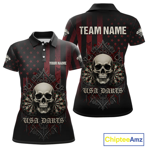 Custom Red Gothic Skulls Dartboard Patriotic Men Darts Polo Shirt US Flag Darts Jersey NYN1974