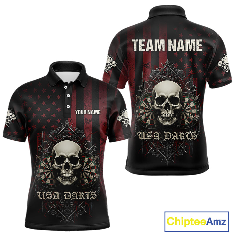 Custom Red Gothic Skulls Dartboard Patriotic Men Darts Polo Shirt US Flag Darts Jersey NYN1974