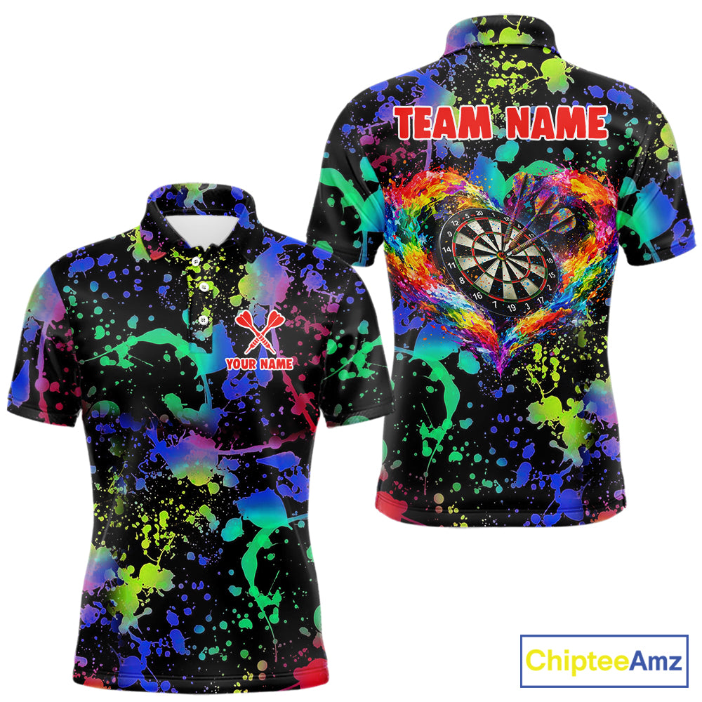 Heart Colorful Splatter Dartboard Men Darts Polo Shirt Custom Valentine Dart Couple Jerseys NYN2526