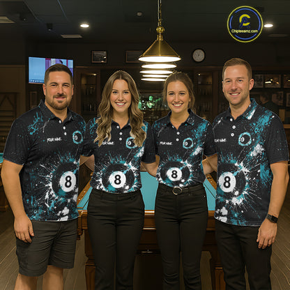 Black And Teal 8 Ball Pool Women Billiard Shirt Personalized Splatter Paint Billiard Jersey For Pooler NYN3088