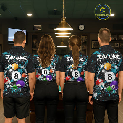 Black And Teal 8 Ball Pool Women Billiard Shirt Personalized Splatter Paint Billiard Jersey For Pooler NYN3088