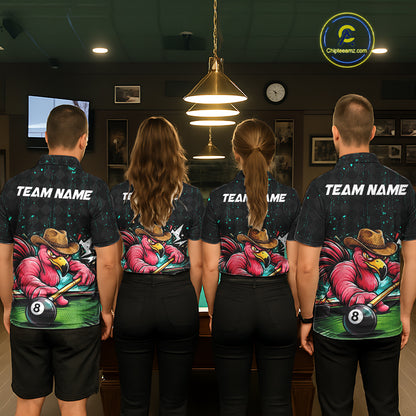 Funny Flamingo Play 8 Ball Pool Billiard Shirt For Women Custom Teal Splatter Billiard Pool Team Shirt NYN3093