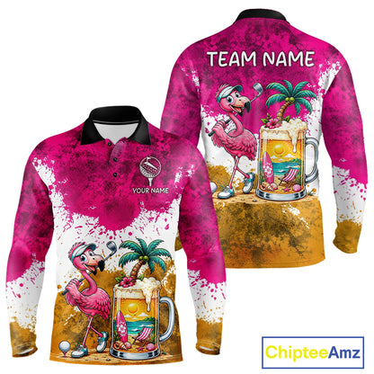 Yellow - Pink Grunge Mens Golf Polo Shirt Custom Flamingo Summer Tropical Golf Team Clothing NYN3263