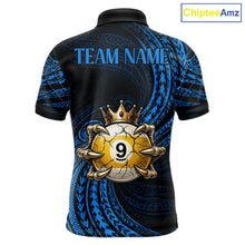 Load image into Gallery viewer, Blue Tribal Skull Crown men's billiard polo shirt custom 8 ball 9 ball pool jersey, personalized billiards team apparel