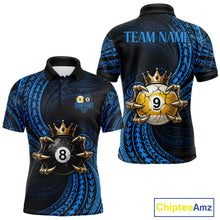 Load image into Gallery viewer, Blue Tribal Skull Crown men's billiard polo shirt custom 8 ball 9 ball pool jersey, personalized billiards team apparel