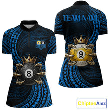 Load image into Gallery viewer, Blue Tribal Skull Crown women's quarter zip billiard shirt custom 8 ball 9 ball team jersey, professional cue sports uniform