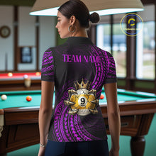 Load image into Gallery viewer, Female pool player wearing Purple Tribal Skull Crown billiard jersey during league and tournament play