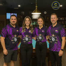 Load image into Gallery viewer, Men women billiard team wearing Purple Tribal Skull Crown custom 8 ball 9 ball uniforms