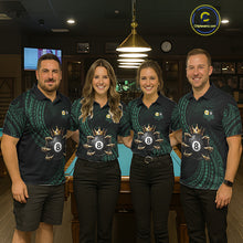 Load image into Gallery viewer, Men women billiard team wearing Green Tribal Skull Crown custom billiards uniforms and tournament jerseys