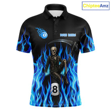 Load image into Gallery viewer, Men's billiard team wearing Flaming Skull 8 Ball custom billiard uniforms, personalized pool team jerseys
