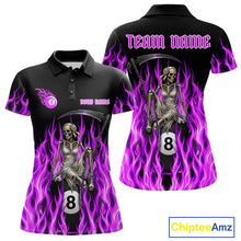 Load image into Gallery viewer, Purple Grim Reaper women's billiard polo shirt custom fire flame pool jersey, personalized billiards apparel