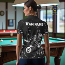 Load image into Gallery viewer, Female pool player wearing Grim Reaper Plays 8 Ball billiard jersey during APA league and cue sports competition