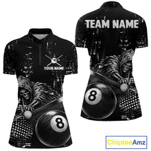 Load image into Gallery viewer, Grim Reaper Plays 8 Ball women's quarter zip billiard shirt custom grunge pool team jersey, tournament uniform