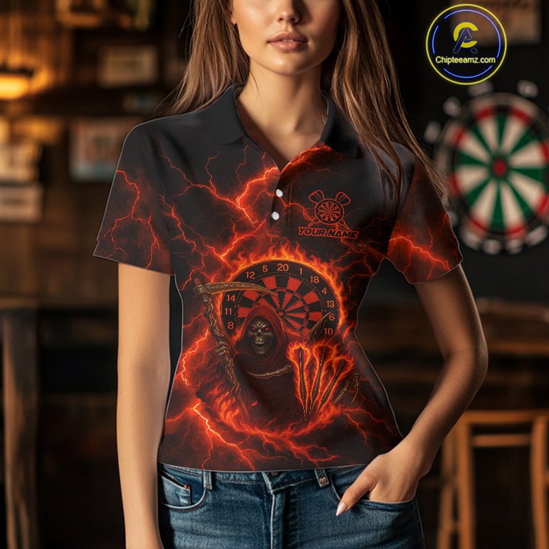 Custom Red Flames Grim Reaper Lightning Dart Women Polo Jerseys Outfits Dart Gifts NYN1719