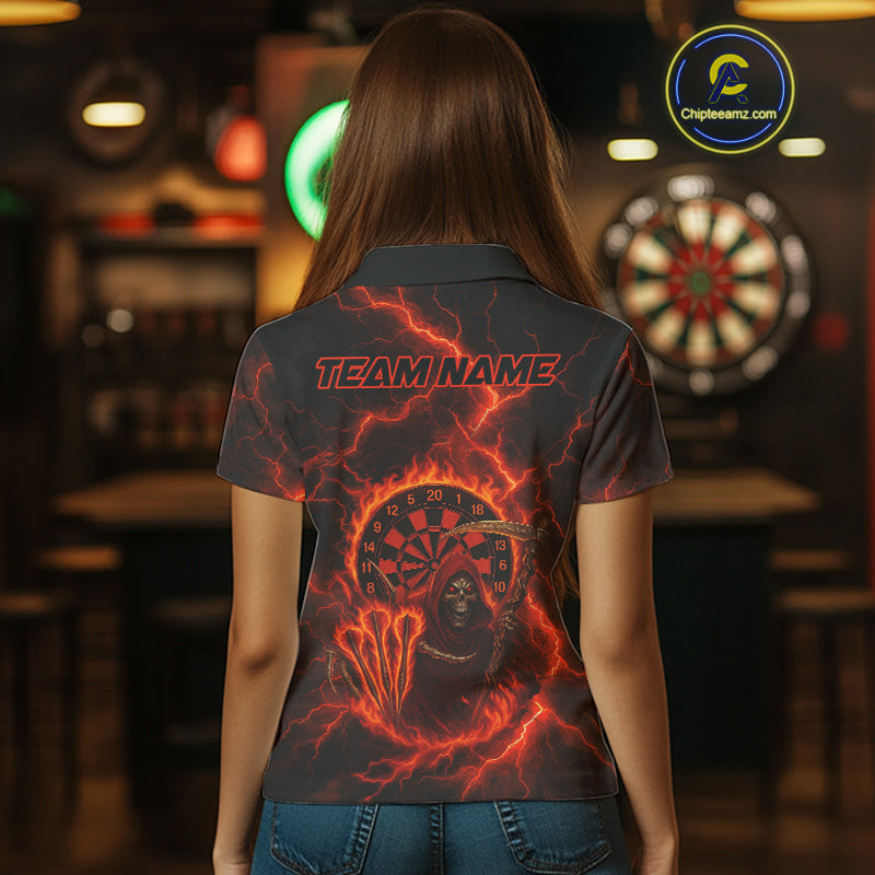 Custom Red Flames Grim Reaper Lightning Dart Women Polo Jerseys Outfits Dart Gifts NYN1719