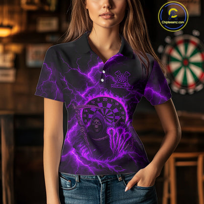 Custom Purple Flames Grim Reaper Lightning Dart Women Polo Jerseys Outfits Dart Gifts NYN1720